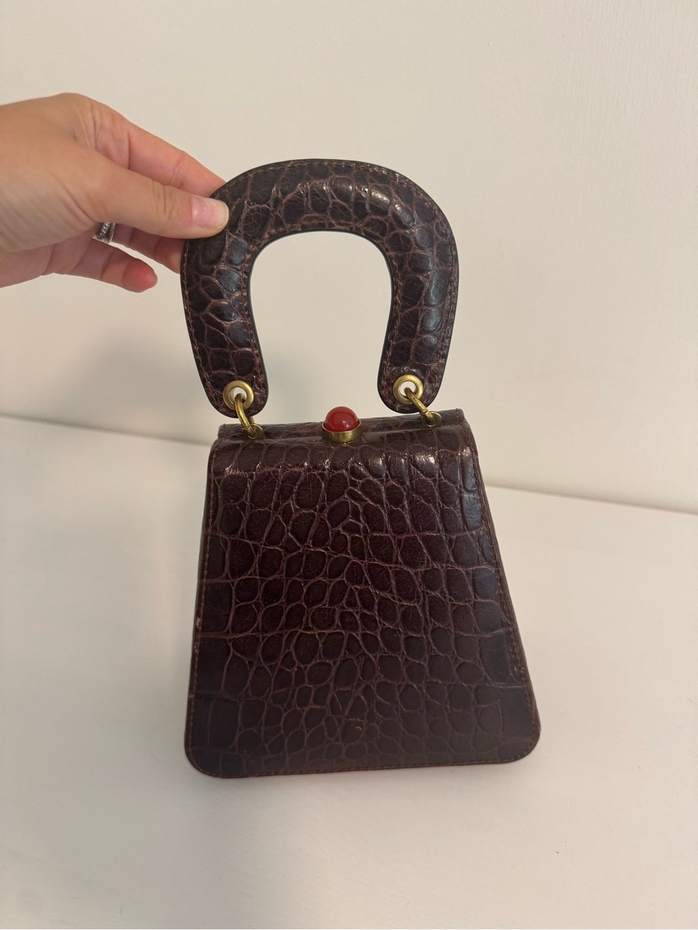 STAUD KENNY Dark Brown Croc-Embossed Top-Handle Bag